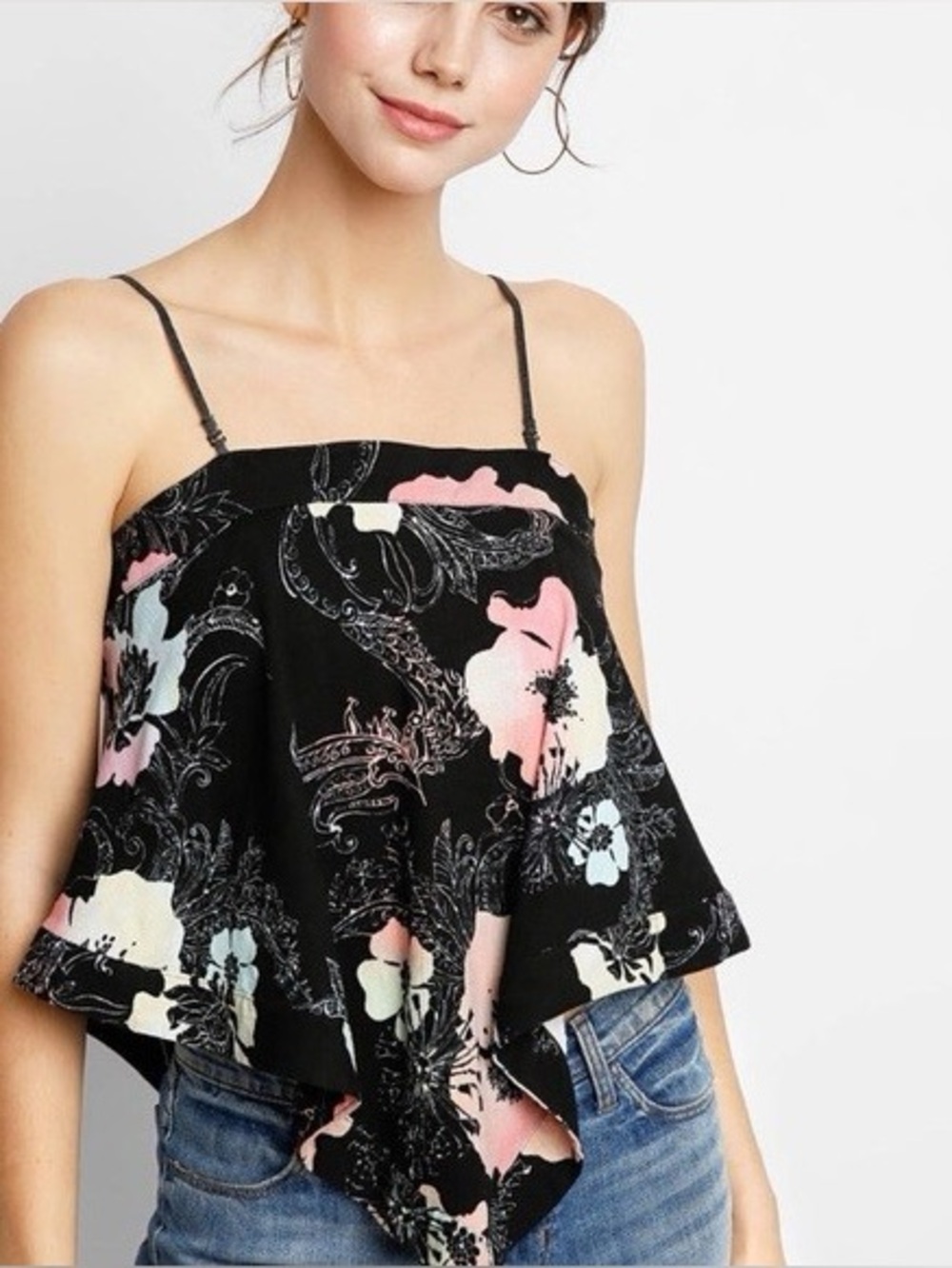 Free People Get your Love Black Floral Spaghetti-Strap Top - Multicolor Print xs